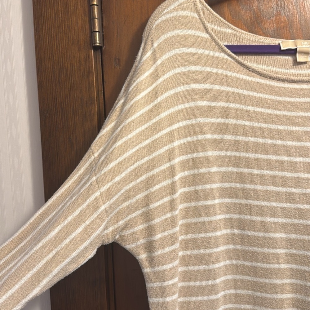 Michael Kors Women’s Tan White Stripe Pullover Sweater Ties On The Side - Picture 2 of 12